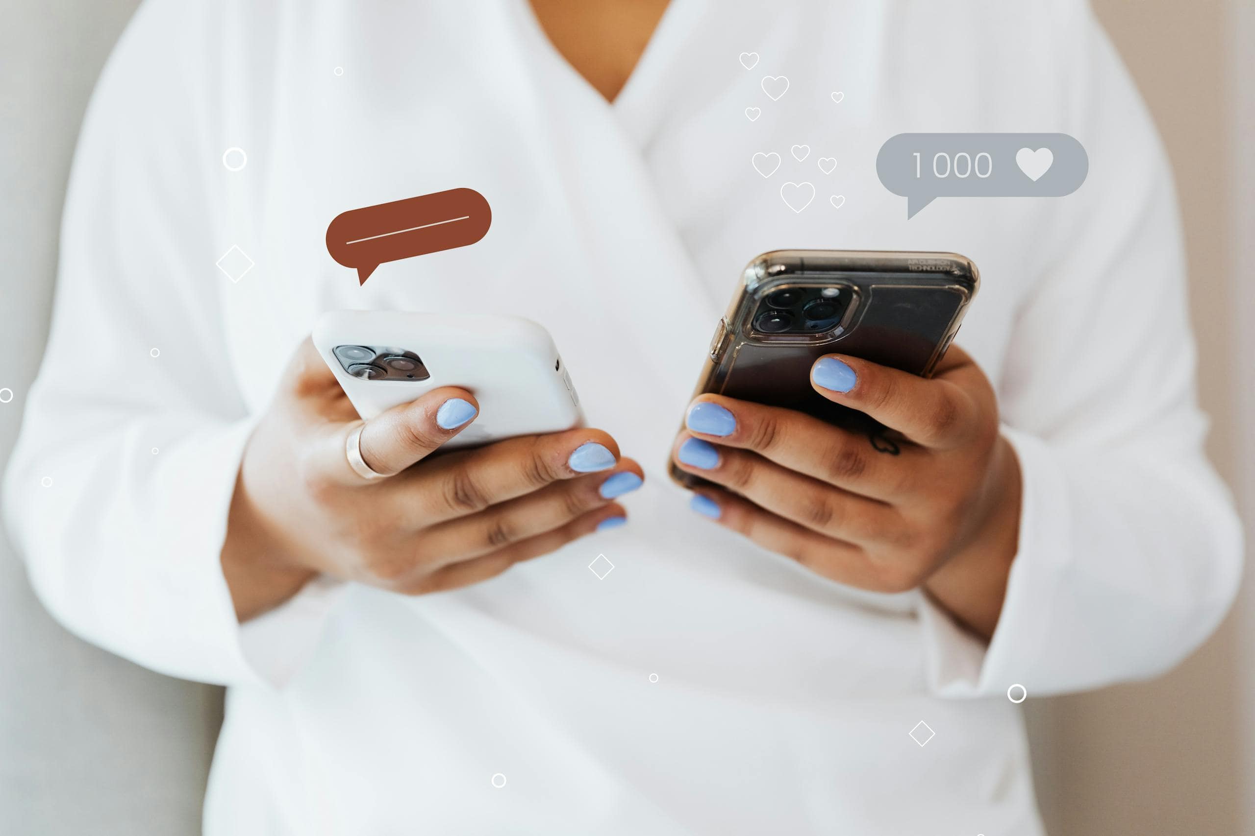 A woman in a white robe interacts with two smartphones, showcasing social media engagement icons.